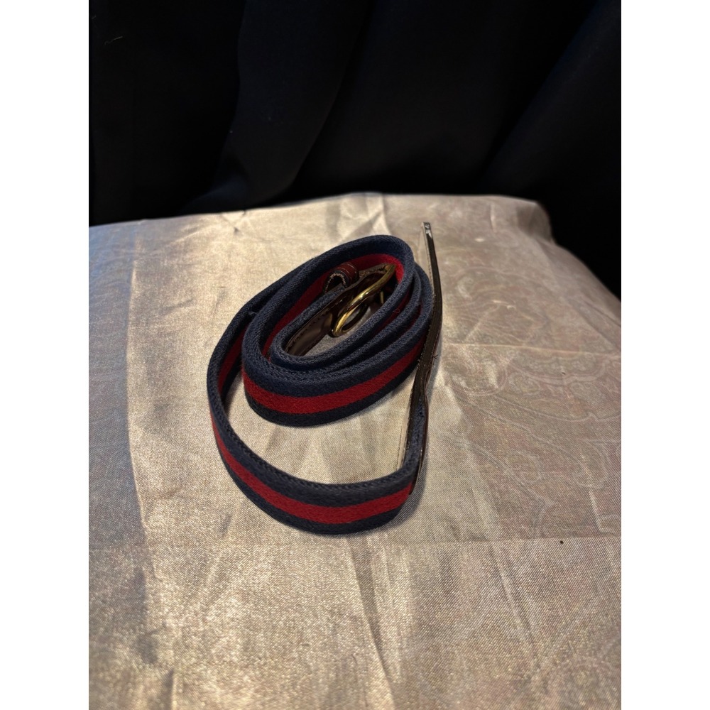 Vintage Cosch Striped Webbing Belt Navy Red Leather Brass Buckle USA Made 40